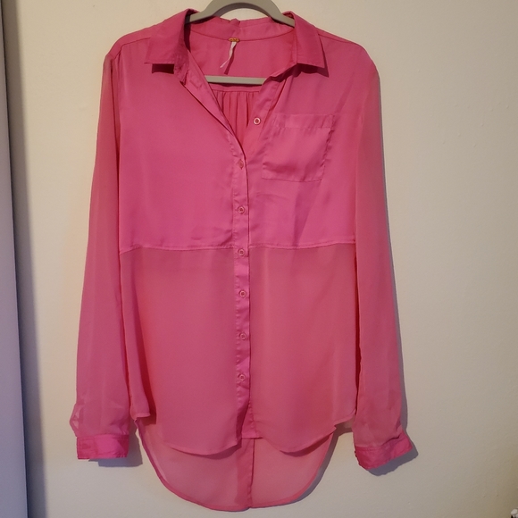 Free People Best of Both Worlds Hot Pink Half Sheer Long Sleeve Button D… - Picture 2 of 9